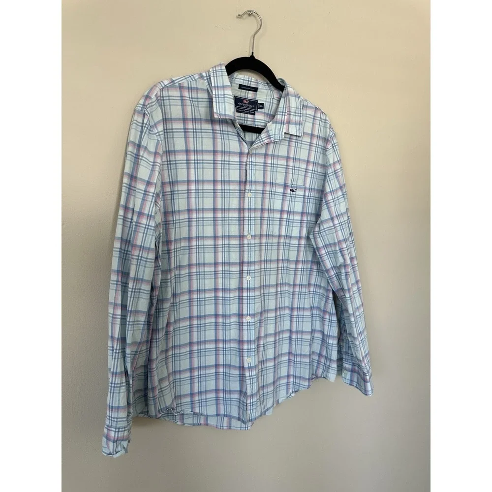 Vineyard Vines Shirt Men XL Slim Fit Tucker Blue Pink Plaid Button Down
